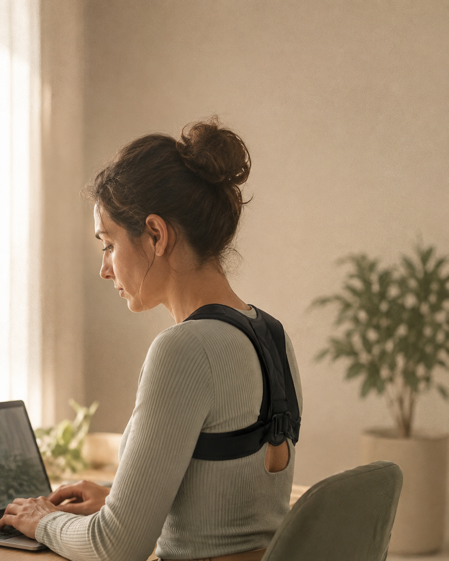 Posture droite au travail avec le correcteur de posture Nexa, vue de profil