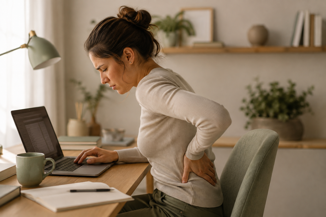 Femme au bureau qui se tient le dos après des heures assise