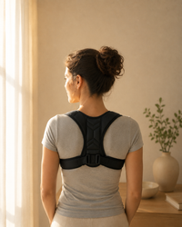 Femme de dos portant le correcteur de posture Nexa noir sur un t-shirt gris